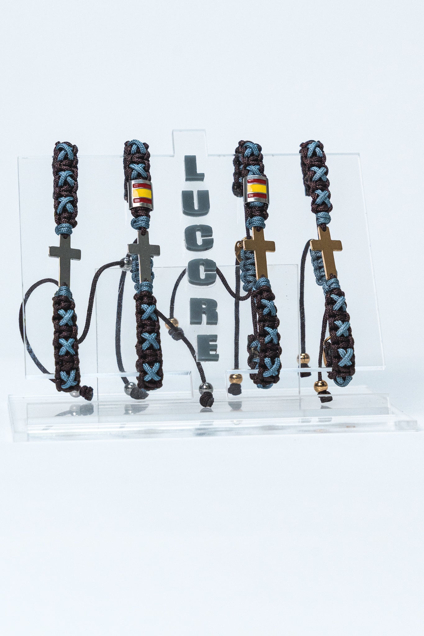 Pulsera cruz marrón y azul plomo